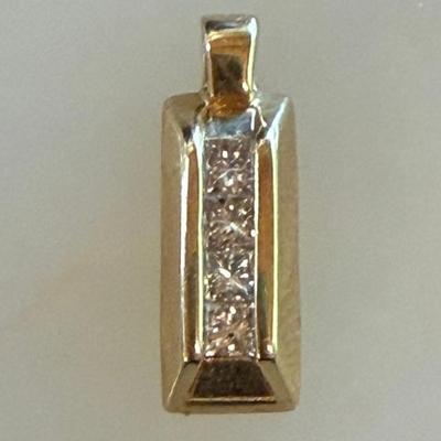 14K Yellow Gold & 4 Diamond Bar Pendant Signed ADL - Total Weight 2.45 Grams