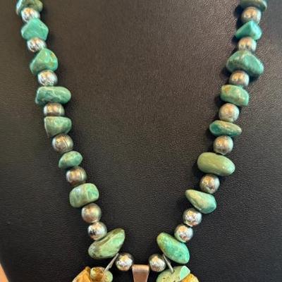 Vintage Alvin Sosolda Turquoise Pendant And Tooth, Turuoise & Silver Bead 20 Inch Necklace