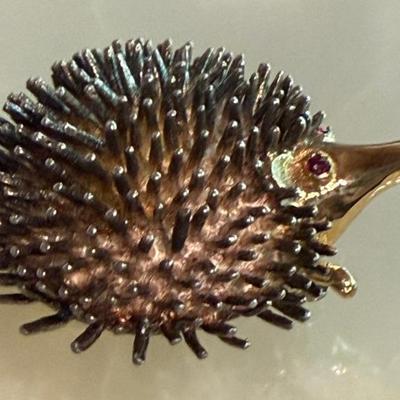 Vintage 14k Gold & Sterling Silver Hedgehog Pin With Ruby Eyes Signed W E - Total Weight 11.74 Grams
