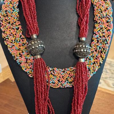 (2) Vintage Seed Bead Necklaces (1) 20 Inch Multi Color Braided & (1) Red Coral Glass Multi Strand 26 Inch