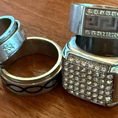 (2) Stainless Steel Rings Greek Key & Rhinestone & (2) Metal Spinner Rings