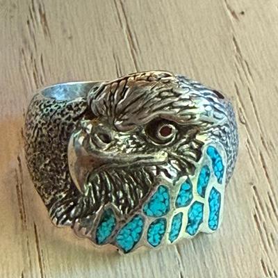 Vintage Native American Sterling Silver Turquoise Inlay Eagle Ring Size 10.5 Total Weight 7.93 Grams