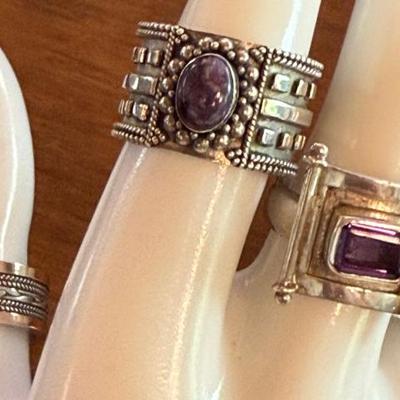 (4) Sterling SIlver Rings - Size 7.75 - Amethyst - Charoite (2) Bands With 18K Gold Accent - 29.78 Grams