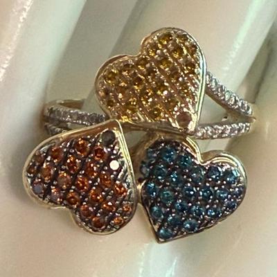 14K Yellow Gold & Colored Diamond 3 Heart Ring (as Is) - Yellow - Orange & Blue - Size 10 - Weight 6.15 Grams