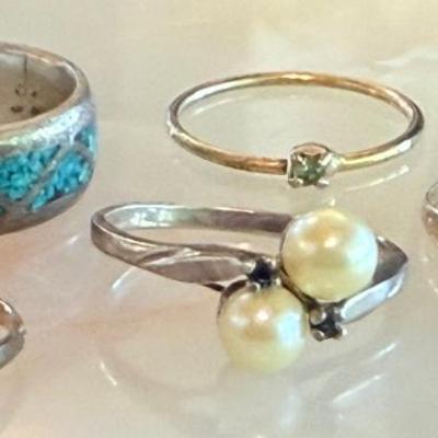 Sterling Silver & Pearl Ring (2) Costume Jewelry Rings (1) Antique GF Childs Ring (1) Turquoise Inlay (as Is)