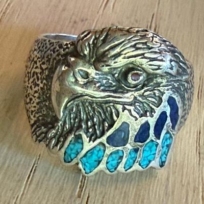 Vintage Native American Sterling Silver Turquoise & Lapis Inlay Eagle Ring Size 10.25 Total Weight 7.53 Grams