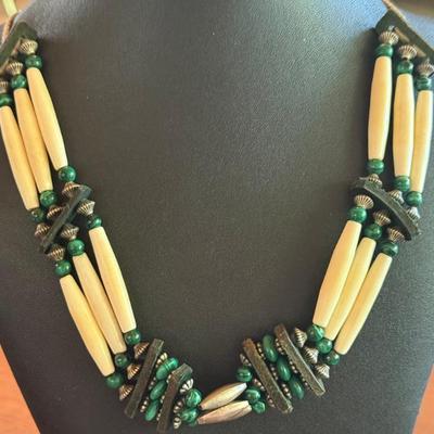 Vintage Native American Bone Bead - Malachite And Silver 30 Inch Necklace