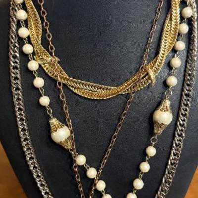 (4) Vintage Statement Necklaces - Renoir Copper Tone - Faux Pearl Lariat W Earrings Gold -Silver Tone Chains