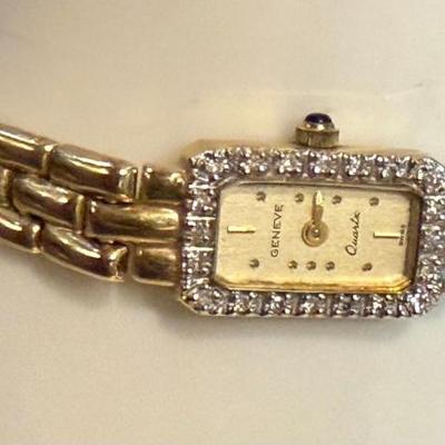 Geneve 14k Gold Ladies Watch With Diamond's & 14k Gold Band - 17.36 Grams Total Weight