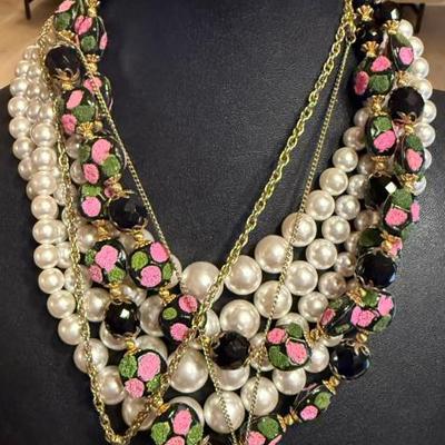 (4) Vintage Necklaces - Lucite With Matching Earrings - 4 Strand Faux Pearl - 2 Strand Green & Pink Flower