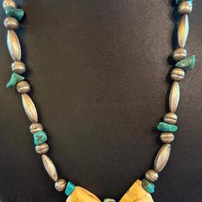 Vintage Silver Bead - Turquoise & Tooth 18 Inch Necklace With 2 Inch Turquoise Pendant