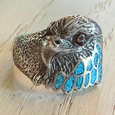 Vintage Native American Sterling Silver Turquoise Inlay Eagle Ring Size 11 Total Weight 7.74 Grams