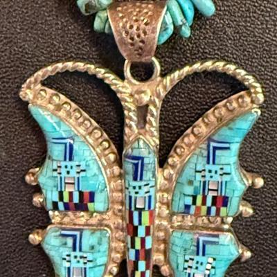 Native American Micro Inlay Sterling Silver Butterfly Pendant Signed B Y With Chip Turquoise Bead Necklace