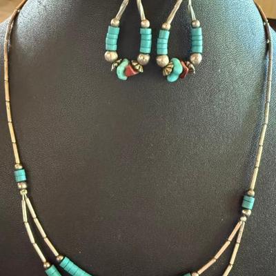 Vintage Liquid Silver - Turquoise & Coral 18 Inch Necklace With Matching Earrings