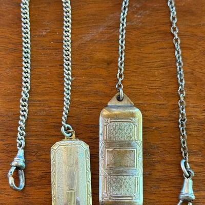 (2) Antique Watch Fob Chain Belt Clips One Super Plate And One HH Co. Etched Designs