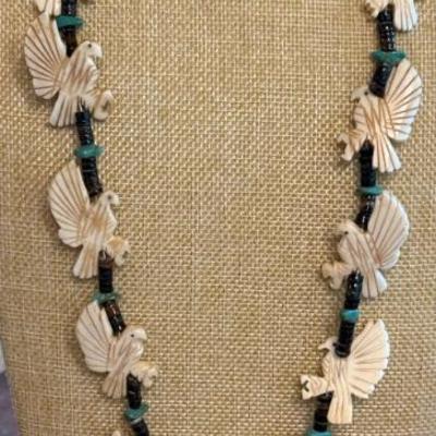 Zuni Native American 30 Inch Fetish Necklace Carved Bone Eagles Turquoise & Heishi Beads (as Is)