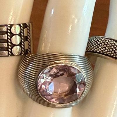 (3) Sterling Silver Rings Size 8 - Large Amethyst - Tribal Band & Bead Band - Total Weight 27.41 Grams