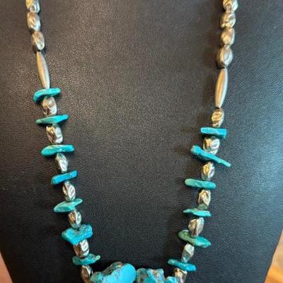 Vintage Mexico Sterling Silver & Turquoise Pendant 24 Inch Necklace With Teeth & Silver Beads