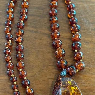 Vintage Baltic Amber Knotted Bead 26 Inch Necklace With Pendant