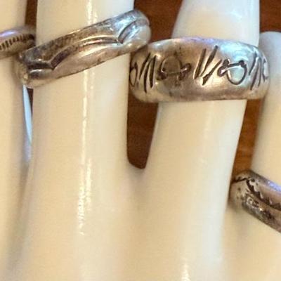 (4) Navajo Sterling Silver Hand Made Stamped Ring Bands - Size 9 - Total Weight 18.03 Grams
