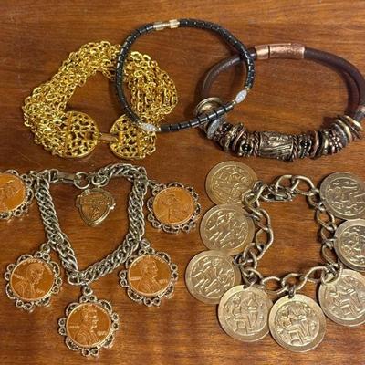 Las Vegas Penny Charm Bracelet - Faux Coin Bracelet - Celebrity Gold Tone Multi Strand Bracelet