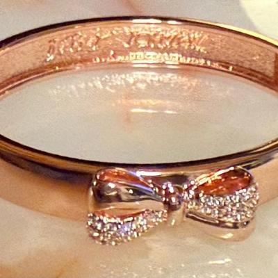 Betsey Johnson Vintage Rose Gold Tone Hinged Bow Bracelet With Pave Crystals