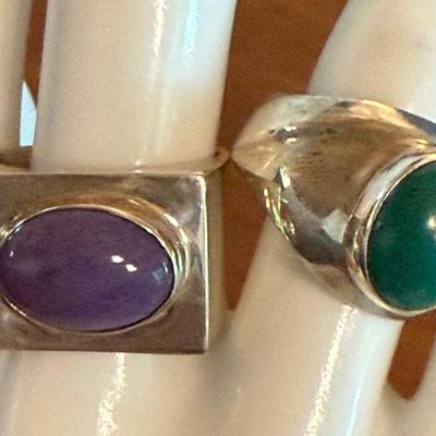 (2) Sterling Silver Rings Charoite And Malachite Size 9 - 16.13 Grams