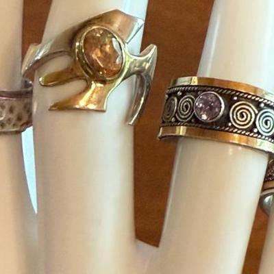 (4) Sterling Silver Size 6 Rings - Amethyst, Citrine, Hammered Silver & (1) W 18K Gold Accent - 23.9 Grams
