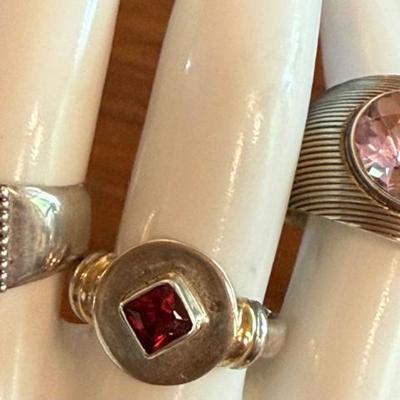 (3) Sterling Silver Size 8 Rings - Large Amethyst - Malachite - Garnet - Total Weight 21.69 Grams