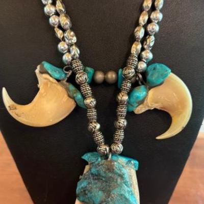 (2) Vintage Handmade Necklaces On With Claws & Turquoise Bead & (1) Antlers & Turquoise