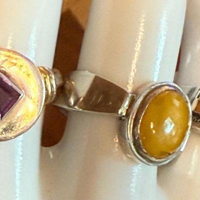 (3) Sterling Silver Rings - Baltic Amber - Amethyst & 18K Gold Accent Band - Size 8.5-9 - Weight 17.57 Grams