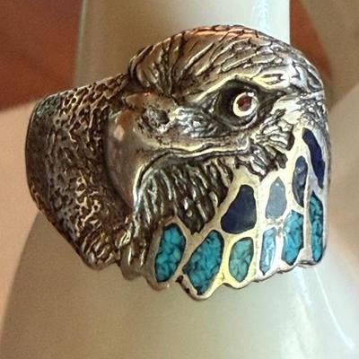 Vintage Native American Sterling Silver Turquoise& Lapis Inlay Eagle Ring Size 11.5 Total Weight 7.51 Grams