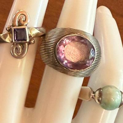 (3) Sterling Silver Rings Size 7.5 - Larimar Ball - Large Faceted Amethyst - Small Square Amethyst - 19.58 Grm