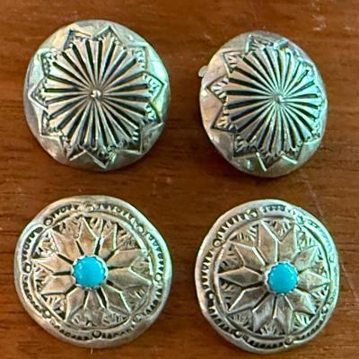(2) Pairs Of Lawrence Osmatte Zuni Sterling Silver & Turquoise Clip On Earrings - Total Weight 10 Grams