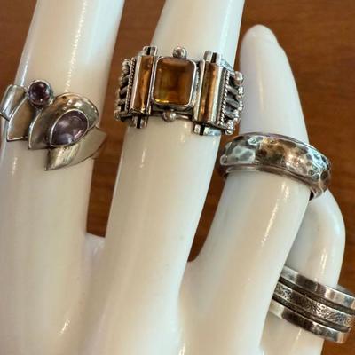 (4) Sterling Silver Rings Size 6 - Amethyst - Citrine - Hammered Silver - Total Weight - 23.25 Grams