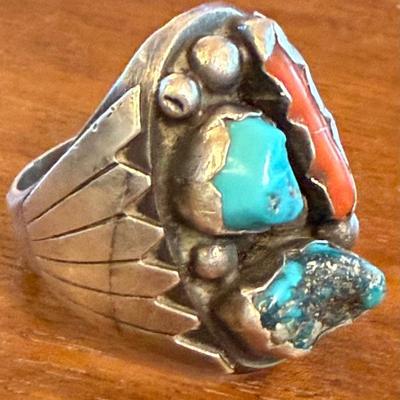 Old Pawn Navajo Sterling SIlver - Turquoise & Coral Ring Size 11.5 - Total Weight 26.03