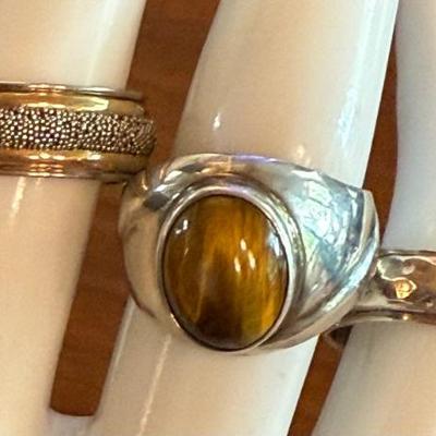 (3) Sterling Silver Rings Size 8 - Tigers Eye - Band W 18K Gold Accent - Hammered Band - 16.87 Grams