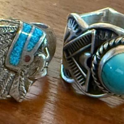(2) Vintage Navajo Sterling Silver & Turquoise Rings (1) Sunshine Reeves (as Is) 20.19 Grams