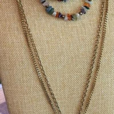Vintage Gold Tone Double Strand 26 Inch Necklace W Cameo Drop & Stone Chip Sweater Clip & Earrings