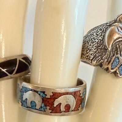 (3) Vintage Navajo Sterling Silver Inlay Turquoise - Coral & Black Onyx Rings - Sizes 9-10 - Weight -17.47 Gr