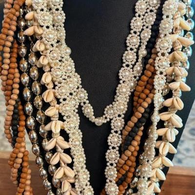 Assorted Vintage Necklaces - Seed Bead Lariat - Multi Faceted Plastic Silver Beed - Faux Wood Bead & Shell