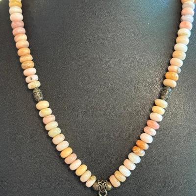 Vintage Rhodochrosite Pendant & Pink Australian Opal Sterling Clasp 18 Inch Necklace - Rose Quartz