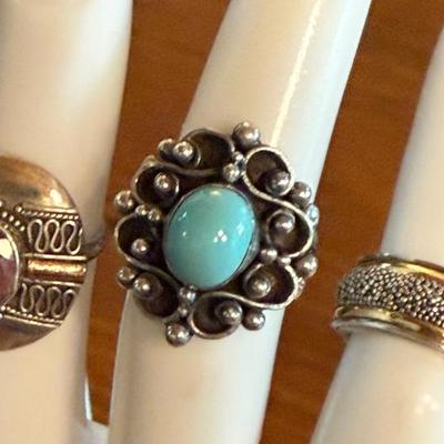 (3) Sterling Silver Rings - (1) 18K Gold Accent - Amethyst & Blue Turquoise - Sizes 4 - 4.5 - 16.2 Grams
