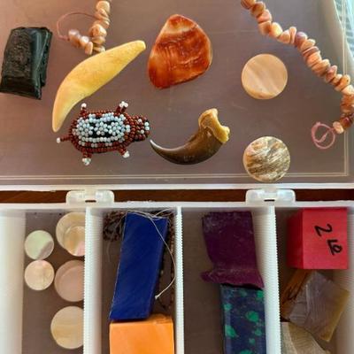 Container Of Jewelry Making Pieces - Mother Of Pearl Discs - Shell Chunk Strand Of Beads - Seed Bead Turtle