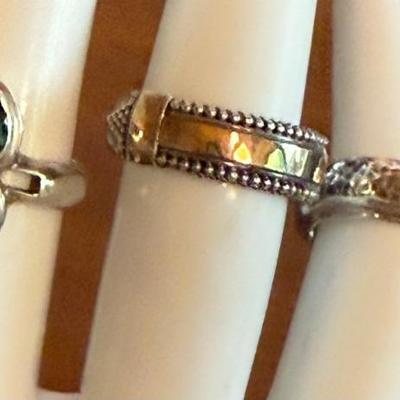 (3) Sterling Silver Rings (1) Garnet (1) 18K Gold Accent (1) Hammered Silver Sizes 5-6 - 16.8 Grams