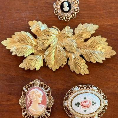 (4) Vintage Pins - Gold Leaf - Coro Cameo & Coro Enamel Floral And Gold Tone Cameo