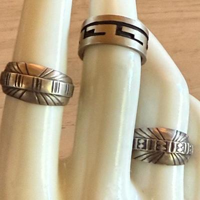 (3) Sterling Silver Navajo & Hopi Inlay And Stamped Rings - Size 6 - Total Weight 10.78 Grams