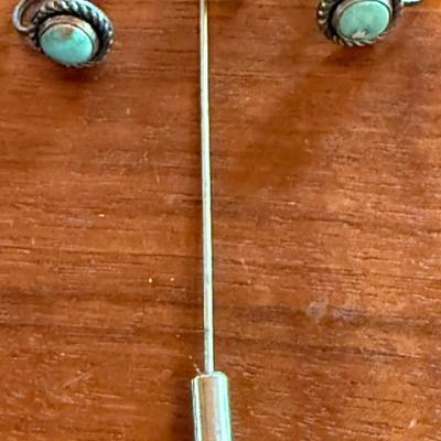 Vintage Navajo Silver Stick Pin And Screw Back Earrings