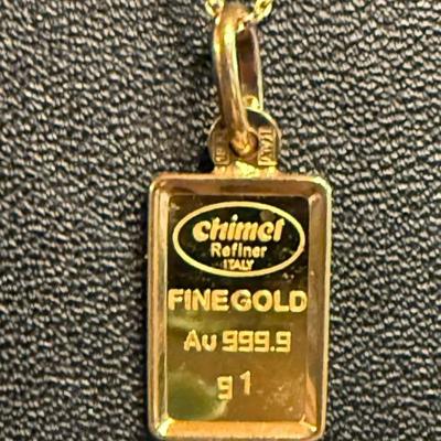 A U 999.9 Gold Bar Chimet Italy With 18k Gold 18 Inch Chain W Original Tag - 3.42 Grams