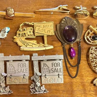 Anson & Hickok Tie Clip & Cuff Links - JJ Sold Pins - Purple Pendant - Sarah Coventry Owl - Rhinestone Bee